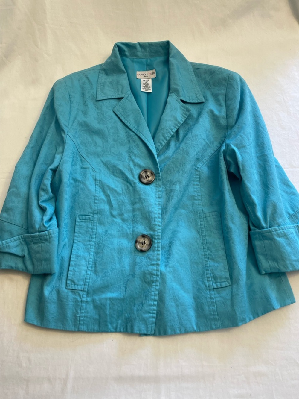 Vintage Carroll Reed Petite Turquoise Floral Damask Cotton Blazer Women’s 14P - Picture 3 of 8